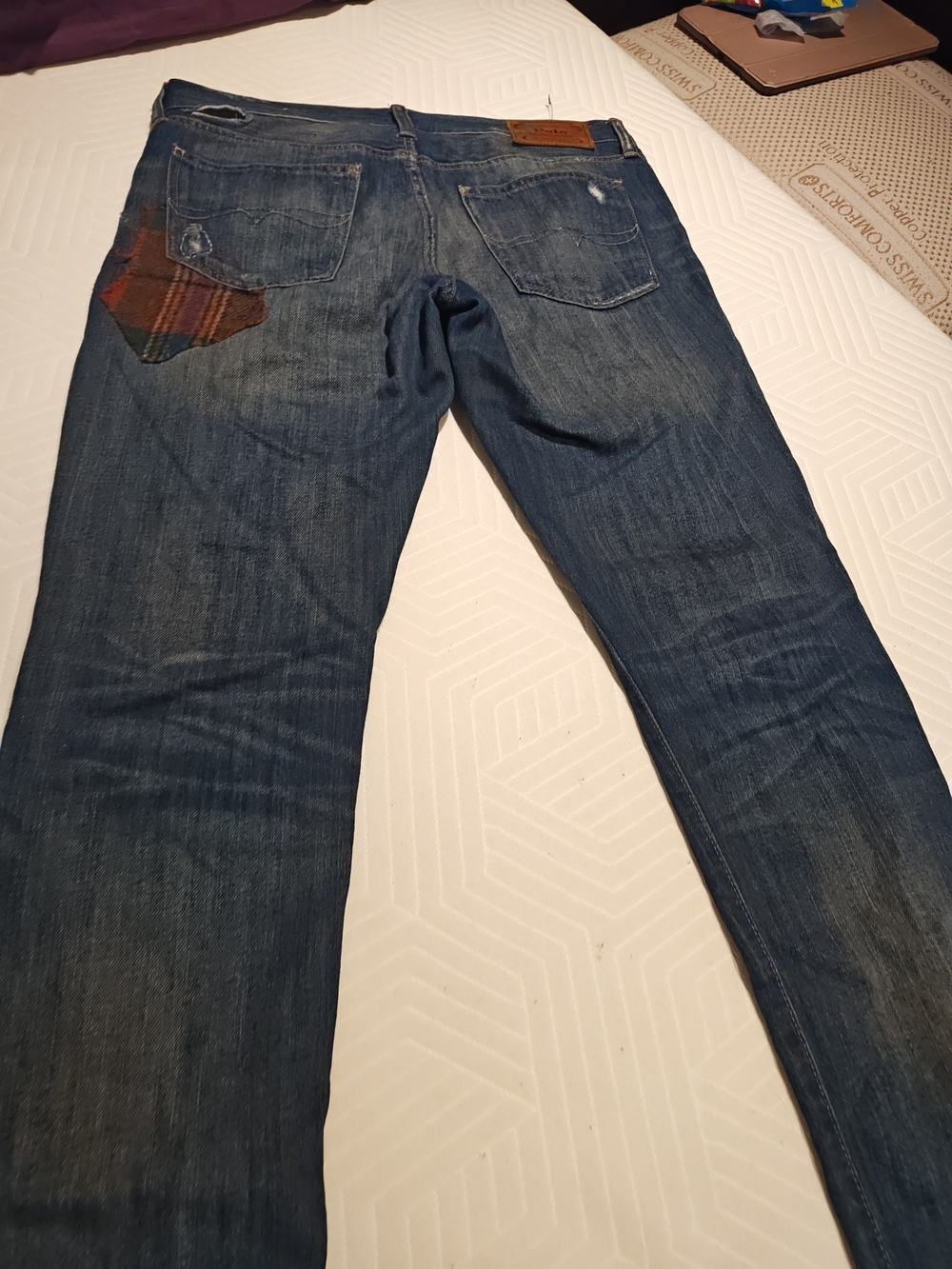 Polo by Ralph Lauren Slim Straight Distressed Blue Jeans with Plaid Patches - Picture 9 of 16